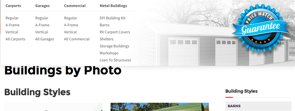 View of the price match guarantee, with each building type carports, garages, commercial, and metal buildings.